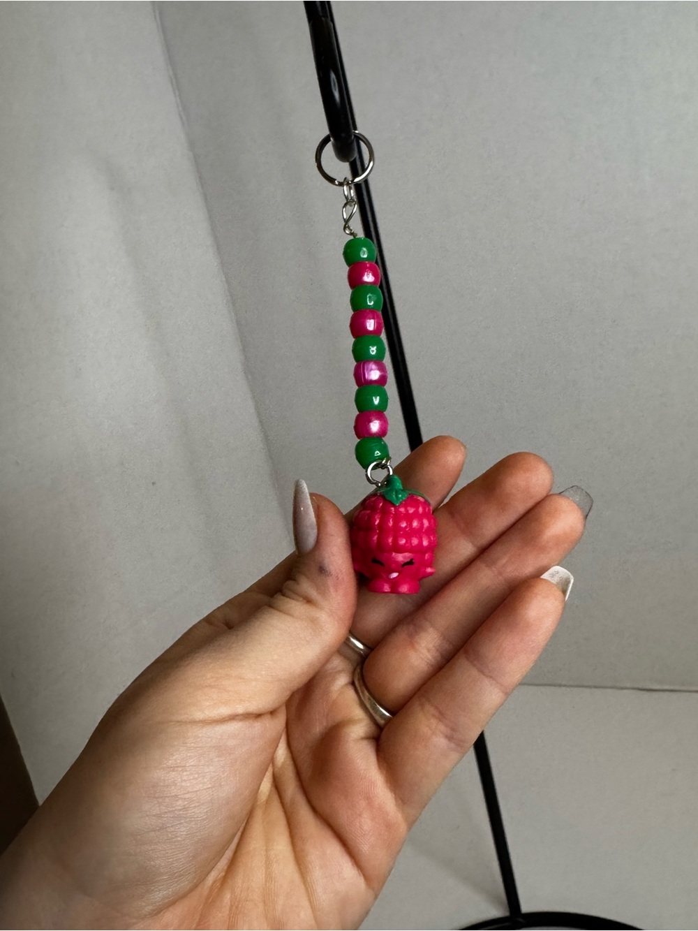 Shopkins Pink Raspberry Bead Keychain with Green Bead Accents